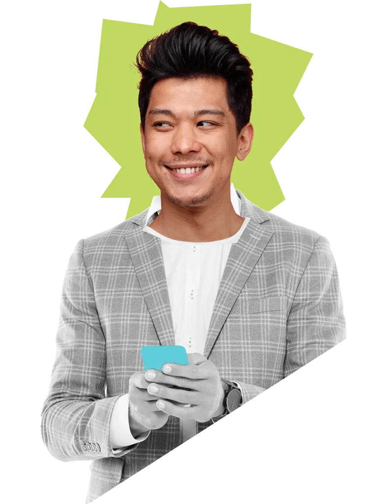 Asian male holding a smartphone